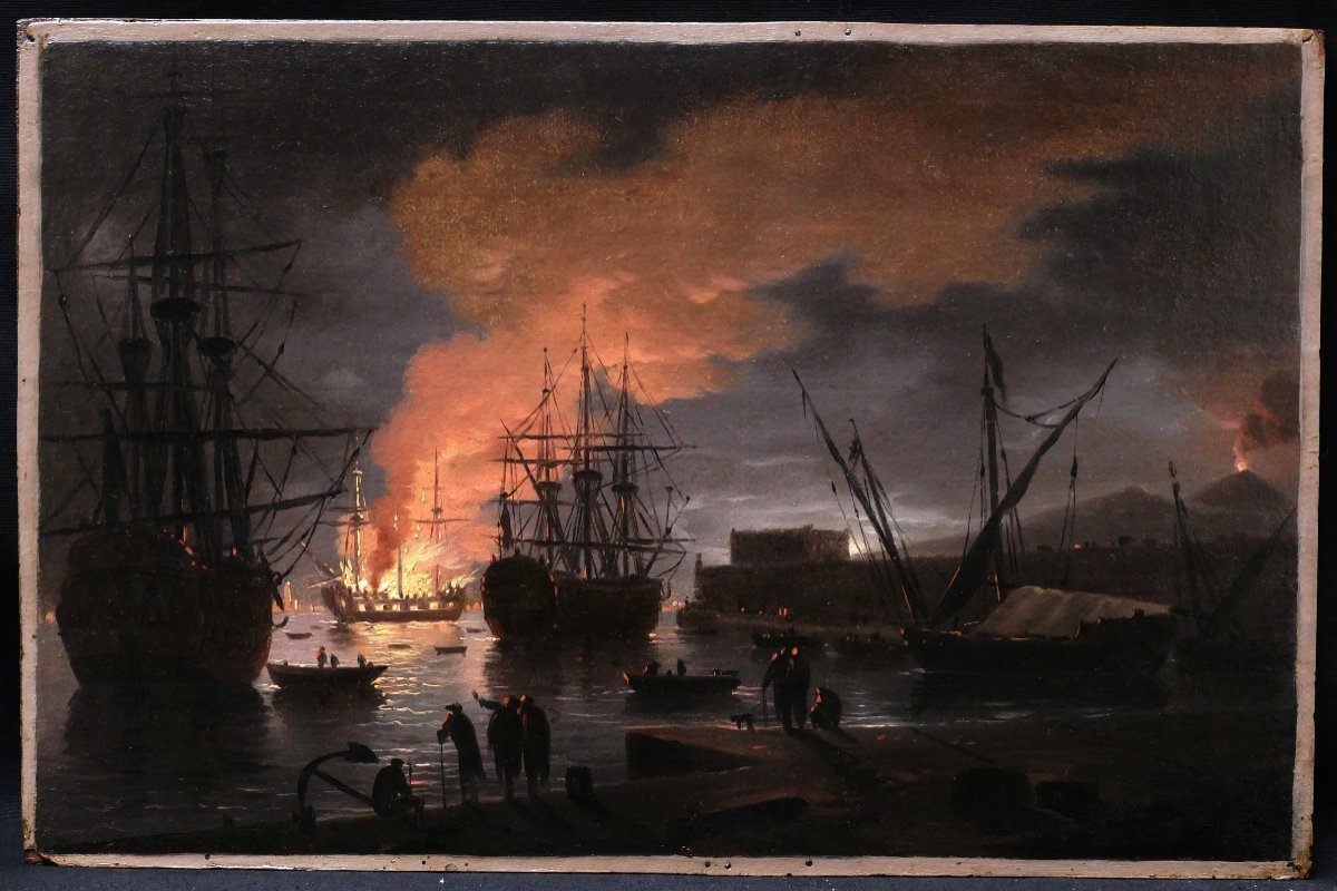 Entourage de Pierre Jacques VOLAIRE, Vue nocturne de la Baie de Naples avec un navire incendié-photo-2