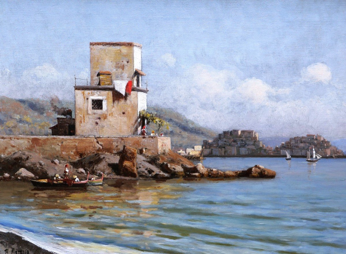 Attributed To Roberto Maresca, Seaside Landscape In Italy-photo-2
