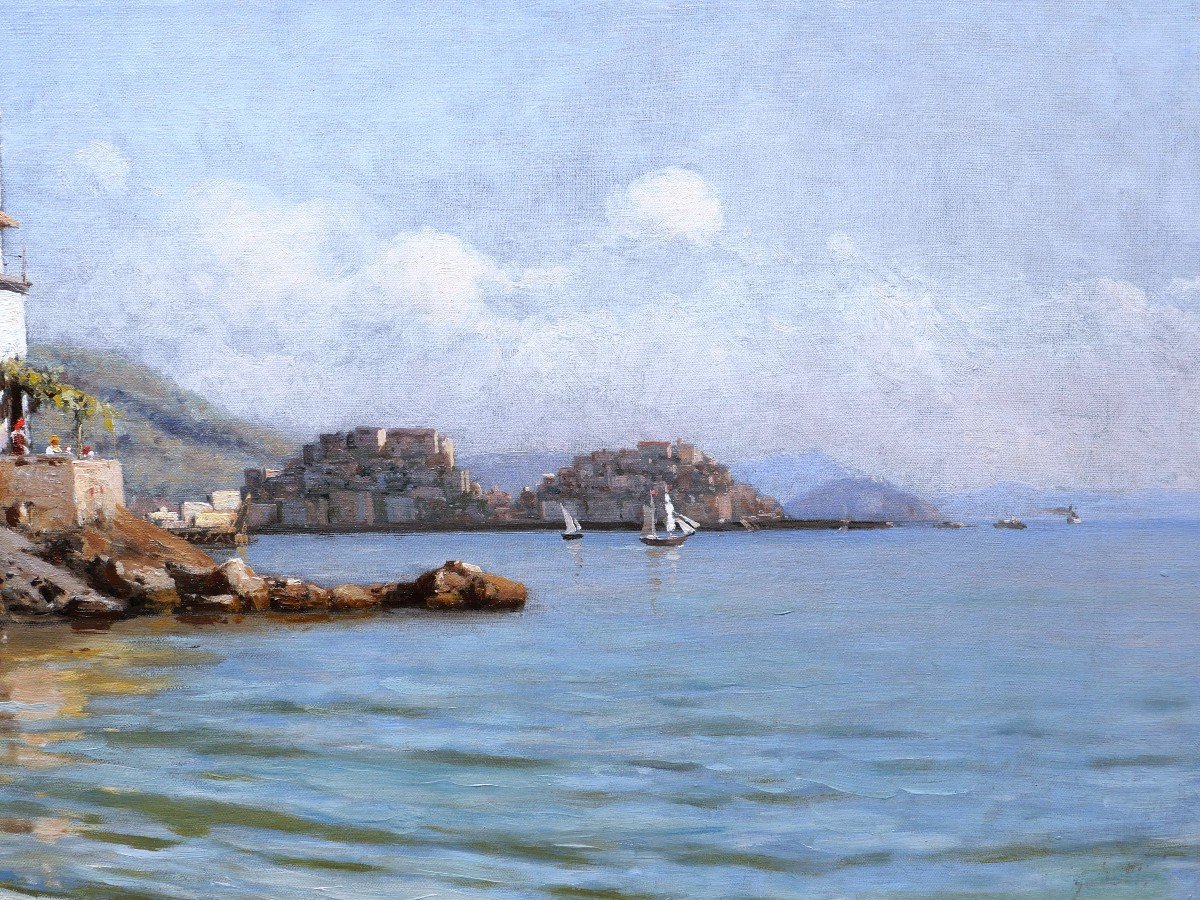 Attributed To Roberto Maresca, Seaside Landscape In Italy-photo-3