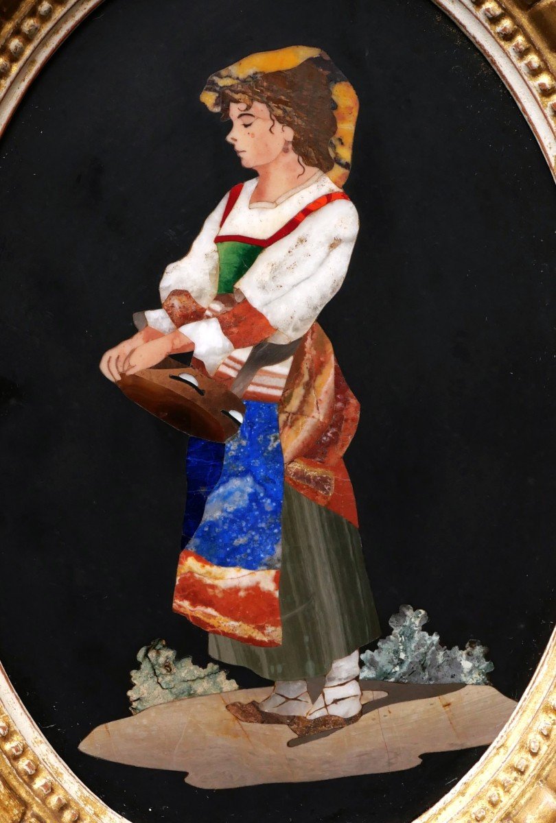 Workshop Of Tito Francolini, Italian Girl With Tambourine, Pietre Dure Plaque-photo-2