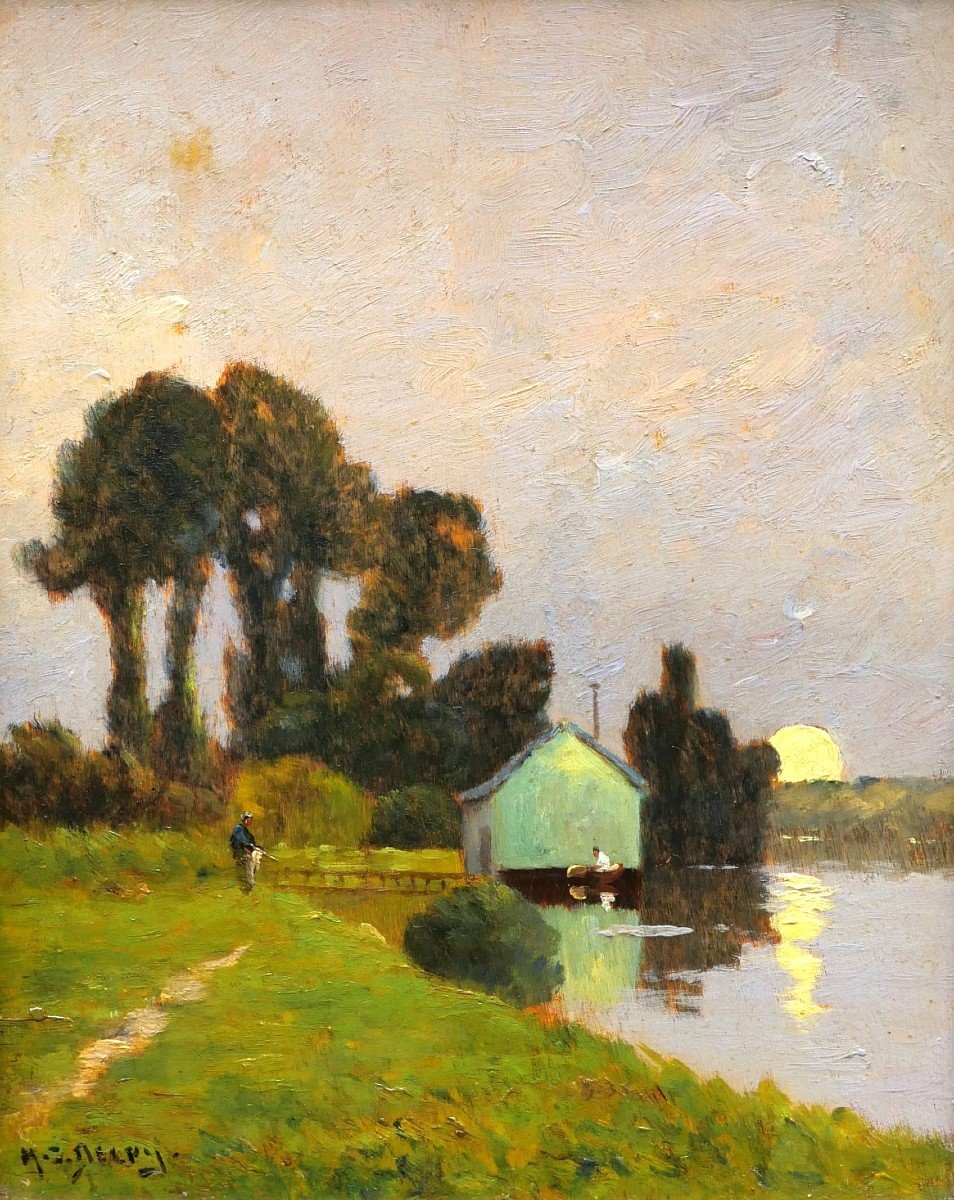 Henry Jacques Delpy, Riverbank With Figures At Moonrise