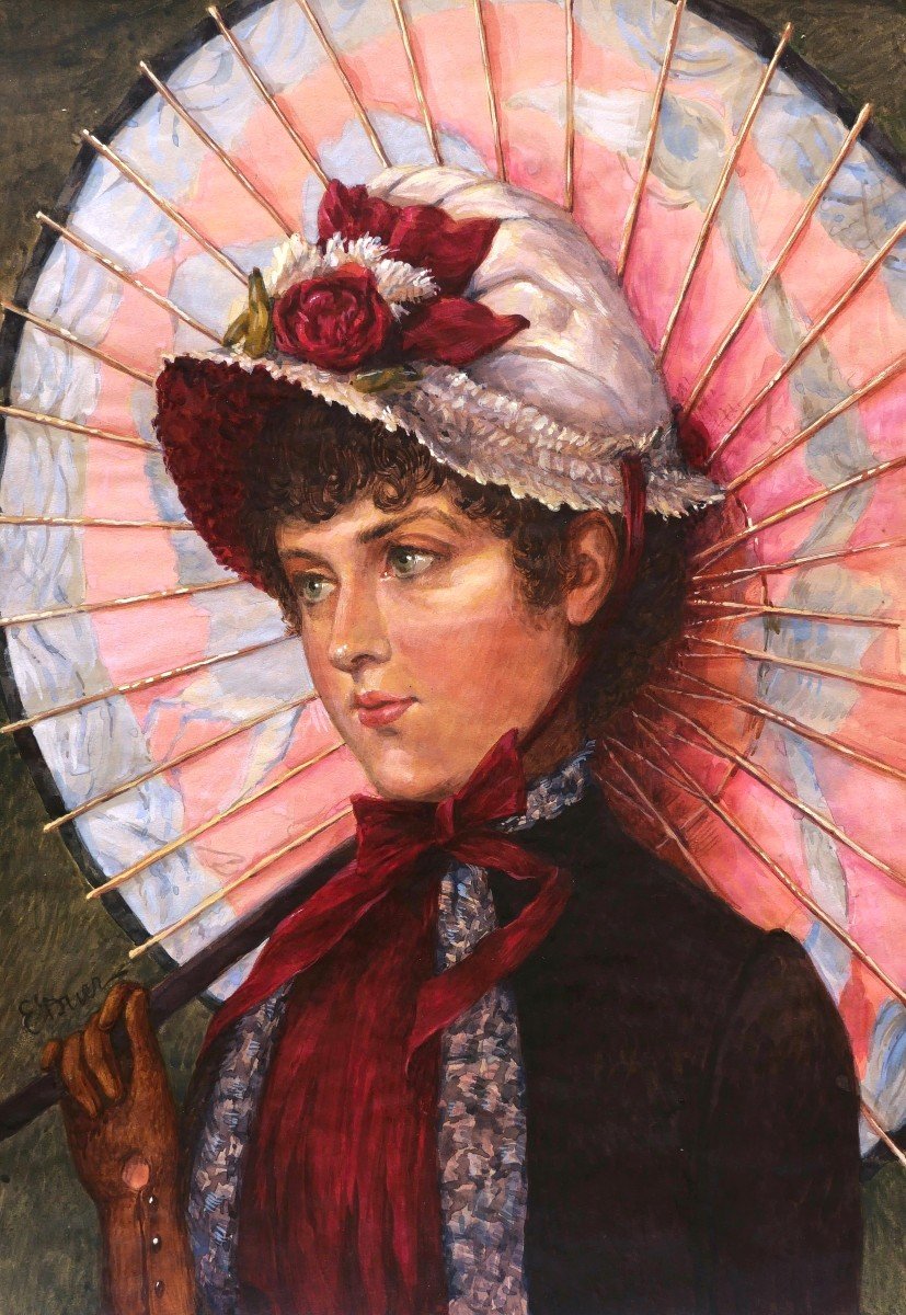 Ernest Ange DUEZ, Portrait d'élégante à l'ombrelle
