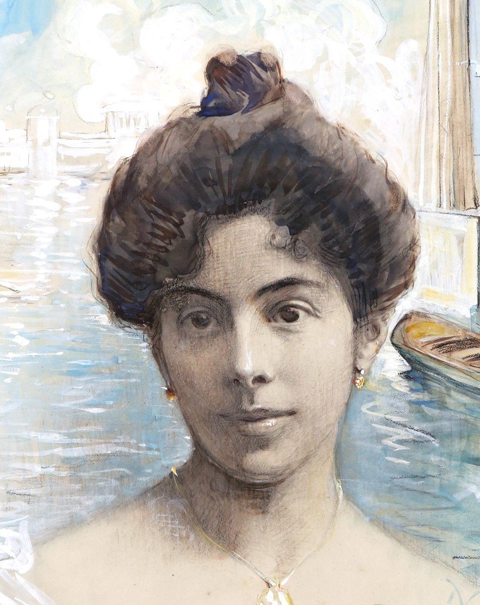 École FRANÇAISE en 1905, Portrait de femme dans un décor idéalisé à l'antique-photo-2