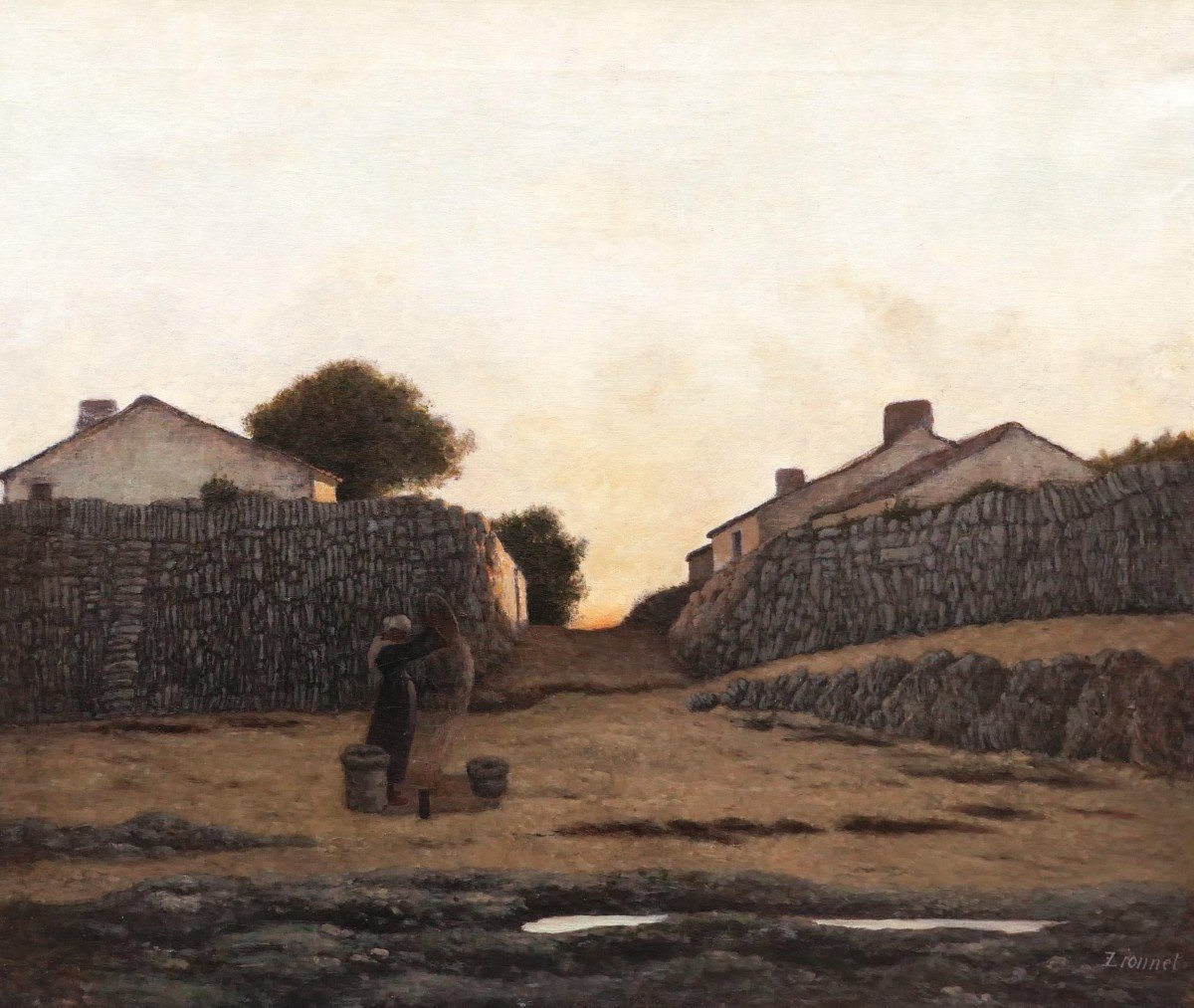 Félix LIONNET, Paysanne au tamis dans un village vendéen, crépuscule