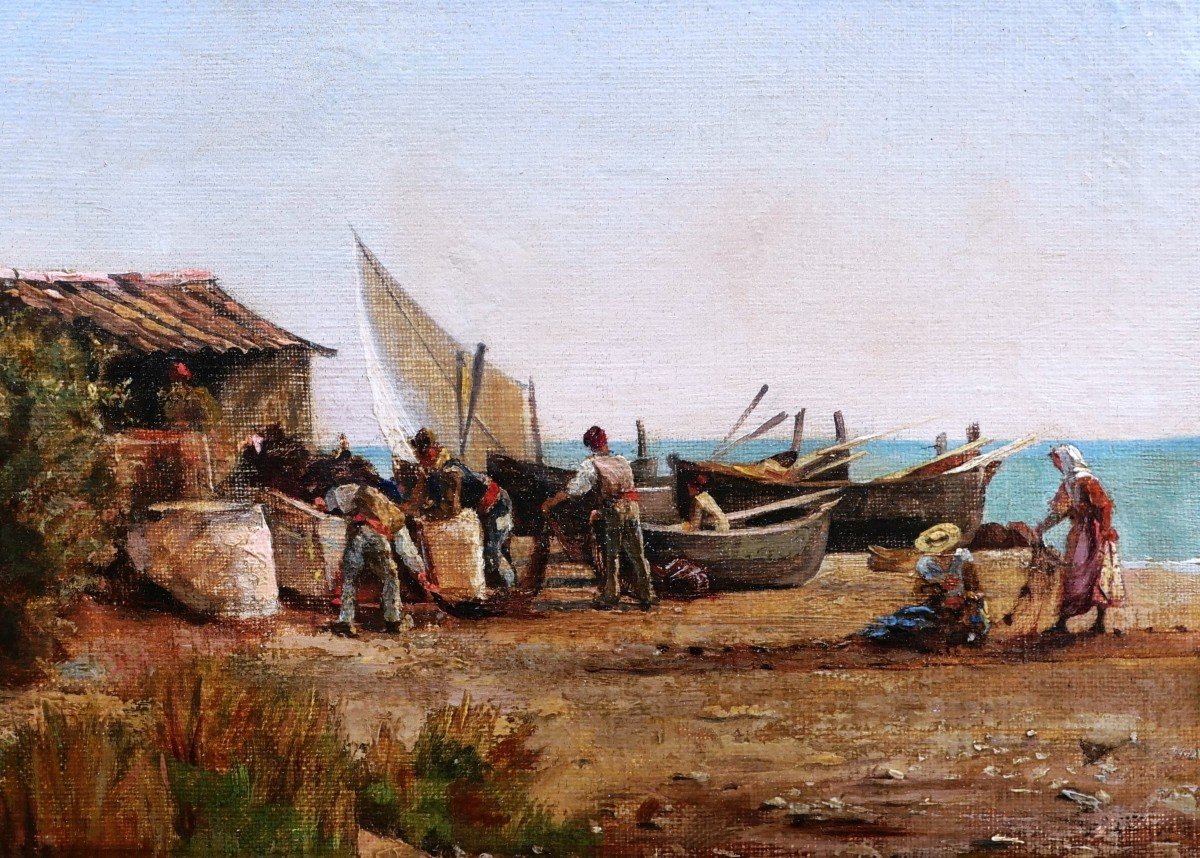 École FRANÇAISE du XIXème siècle, Pêcheurs napolitains sur le rivage-photo-2