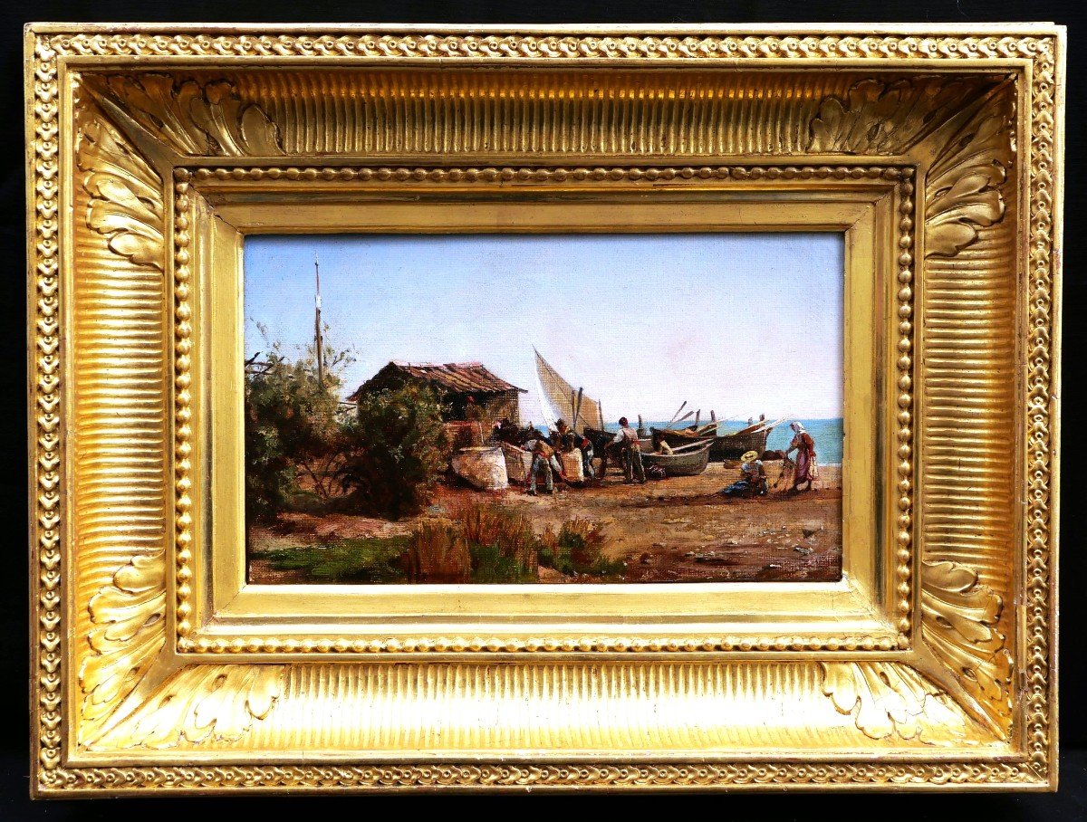 École FRANÇAISE du XIXème siècle, Pêcheurs napolitains sur le rivage-photo-3