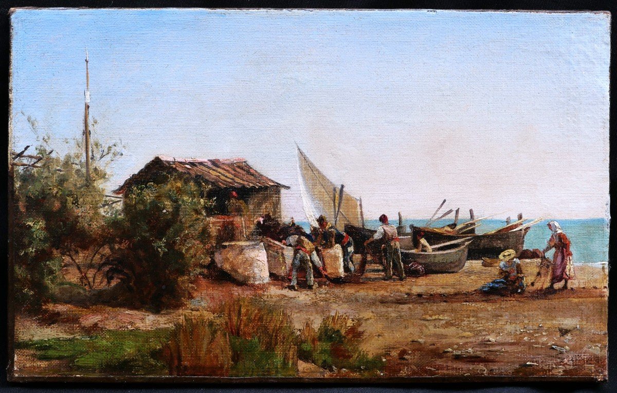 École FRANÇAISE du XIXème siècle, Pêcheurs napolitains sur le rivage-photo-4