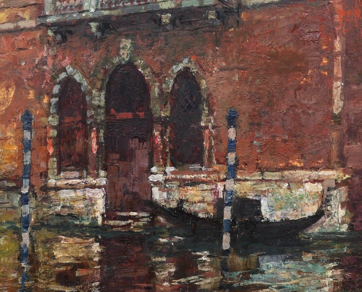 Alfred Théodore Joseph BASTIEN, Gondole devant un palais à Venise-photo-2