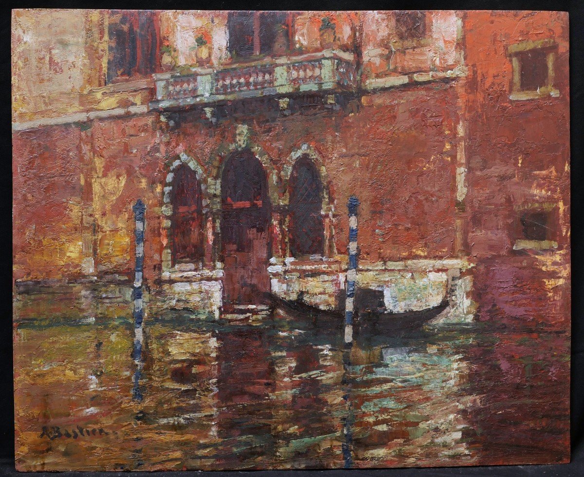 Alfred Théodore Joseph BASTIEN, Gondole devant un palais à Venise-photo-1