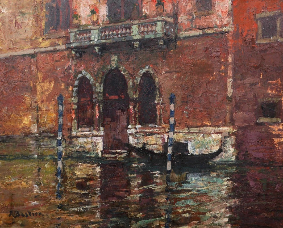 Alfred Théodore Joseph BASTIEN, Gondole devant un palais à Venise