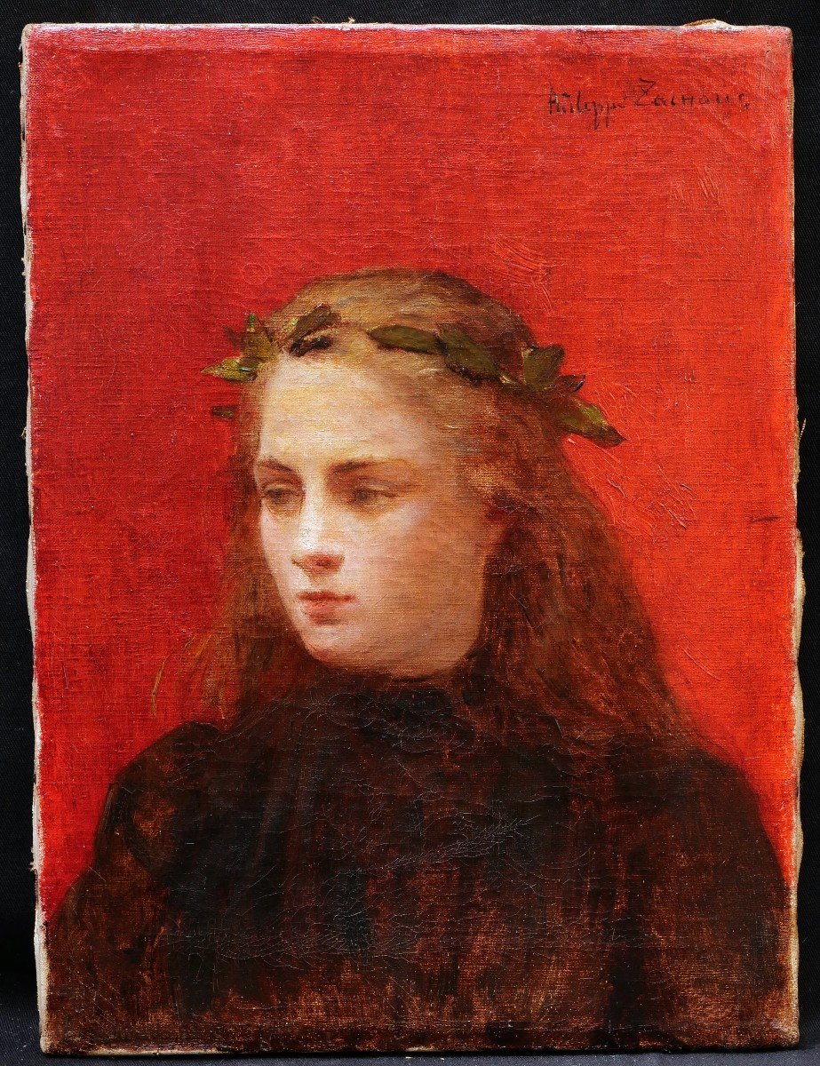 Philippe Ernest ZACHARIE, Portrait de jeune femme la tête ceinte d'une couronne de laurier-photo-4