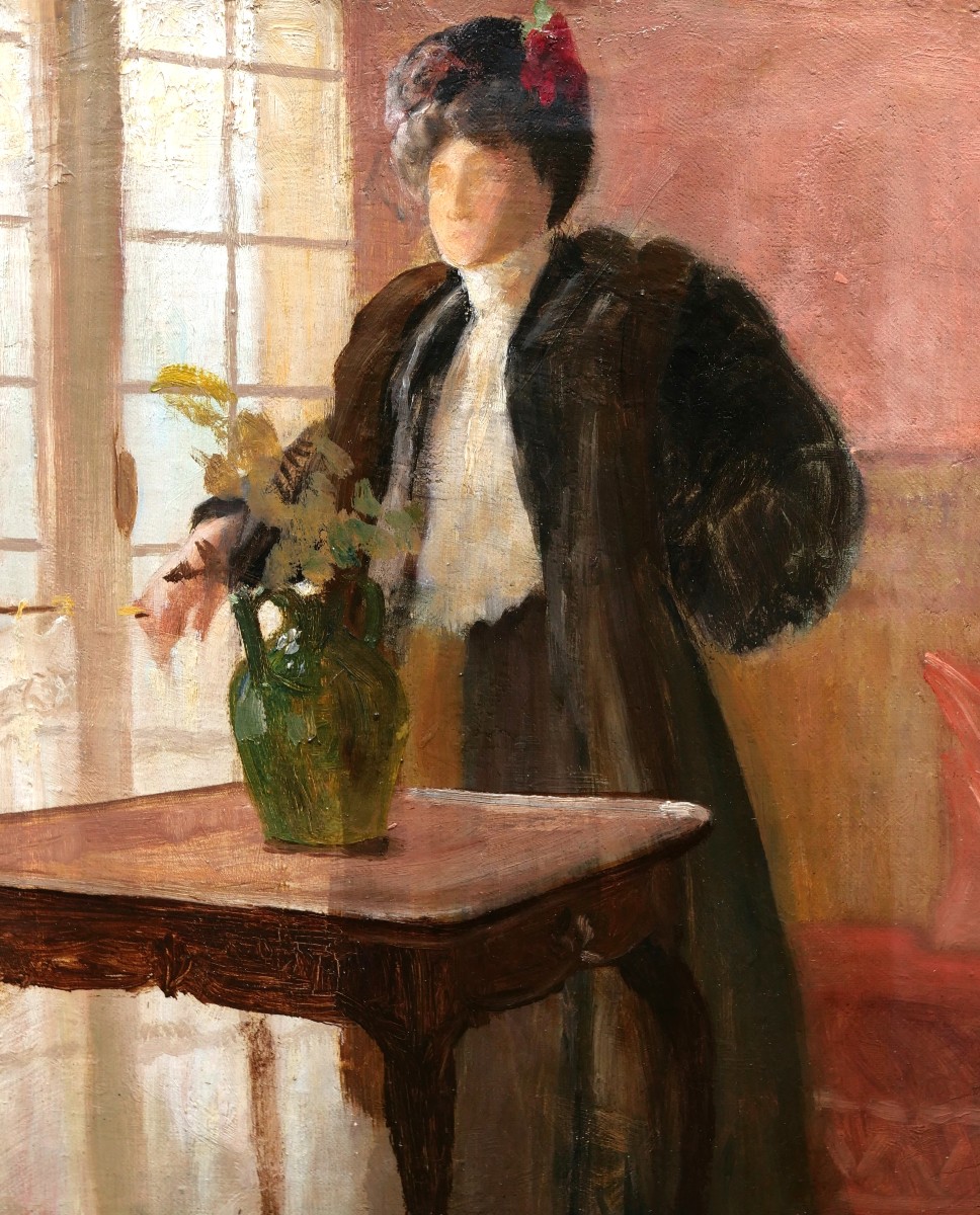 École FRANÇAISE du XIXème siècle, Femme regardant par la fenêtre d'un appartement parisien-photo-2