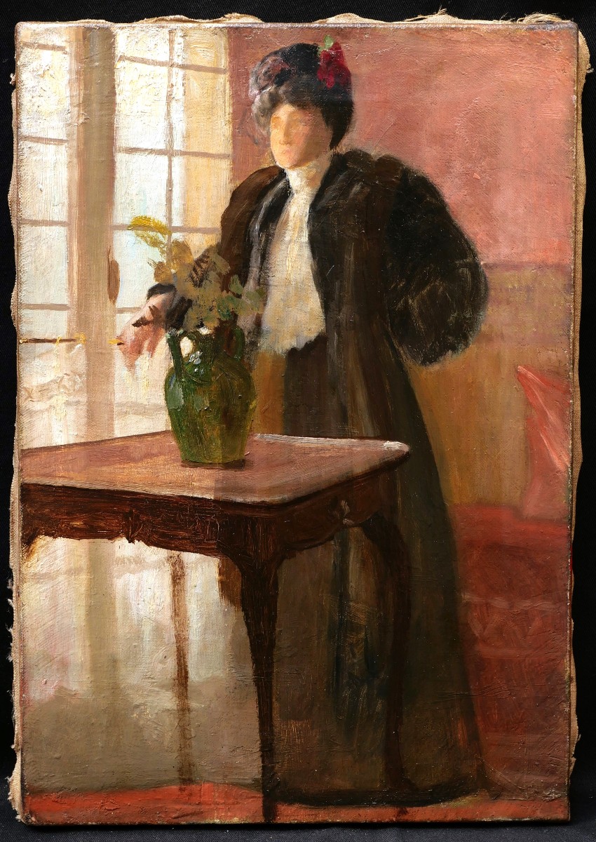 École FRANÇAISE du XIXème siècle, Femme regardant par la fenêtre d'un appartement parisien-photo-4