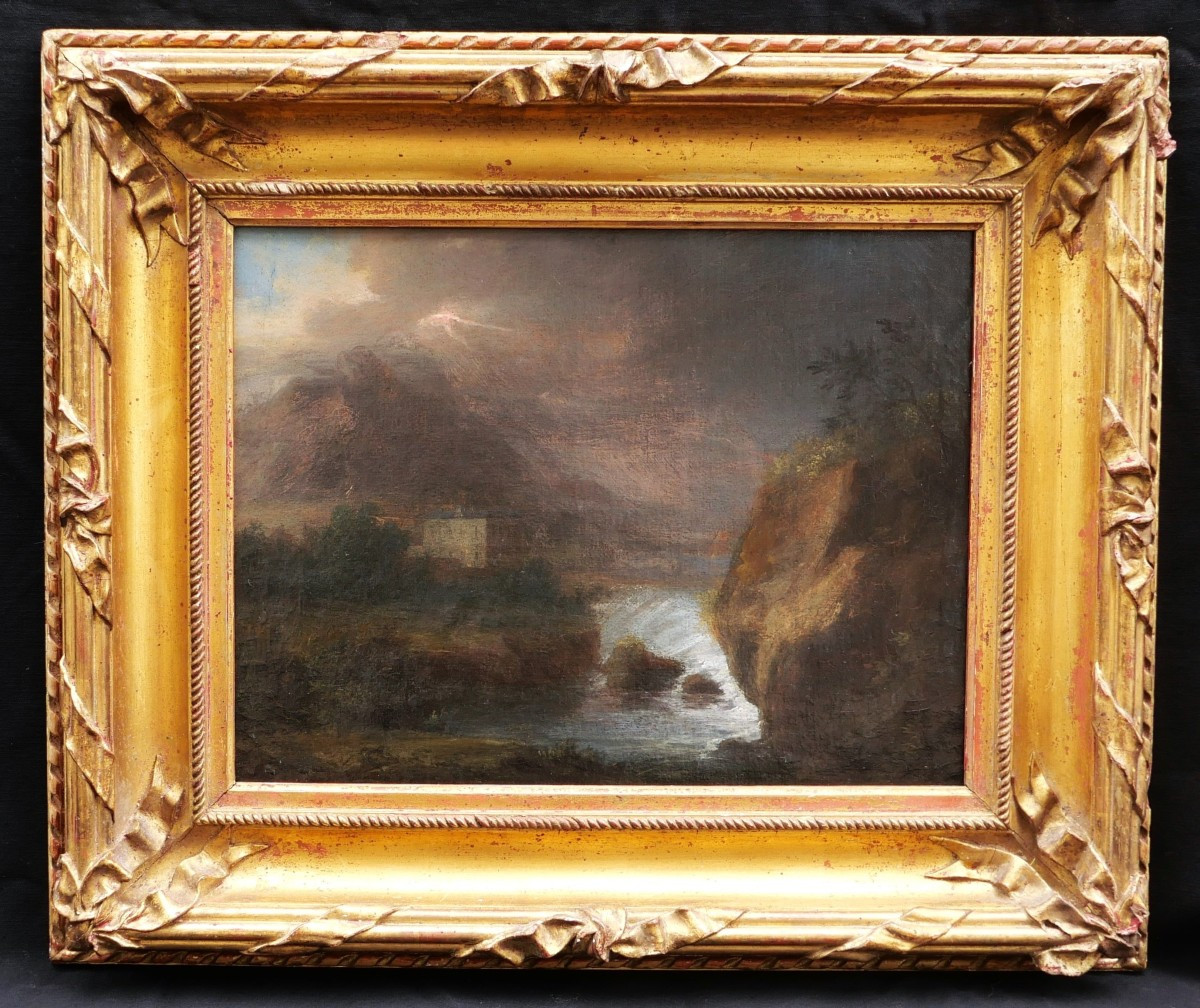 École FRANÇAISE du début du XIXème siècle, Paysage montagneux romantique à la cascade-photo-3