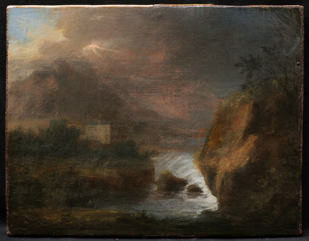 École FRANÇAISE du début du XIXème siècle, Paysage montagneux romantique à la cascade-photo-1