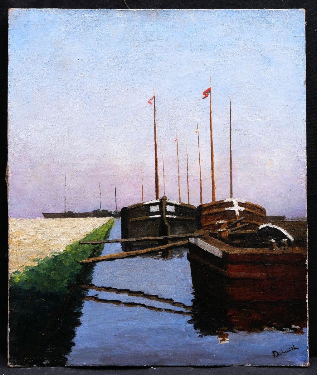 Maurice Louis Dainville, Landscape With Barges, Perhaps In The Bay Of Somme-photo-1