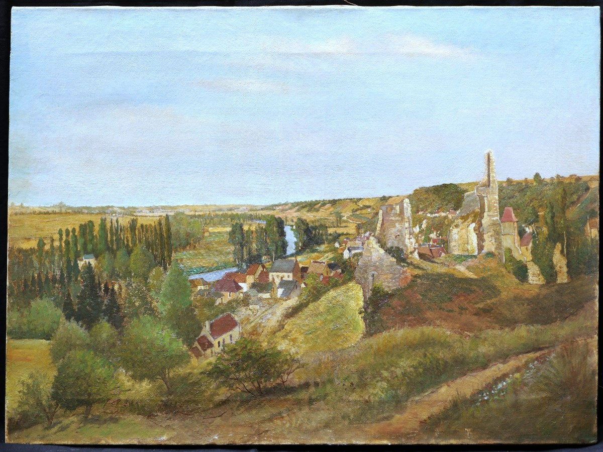 French School, Late 19th Century, Village And Ruins On The Hillsides Of A River-photo-3