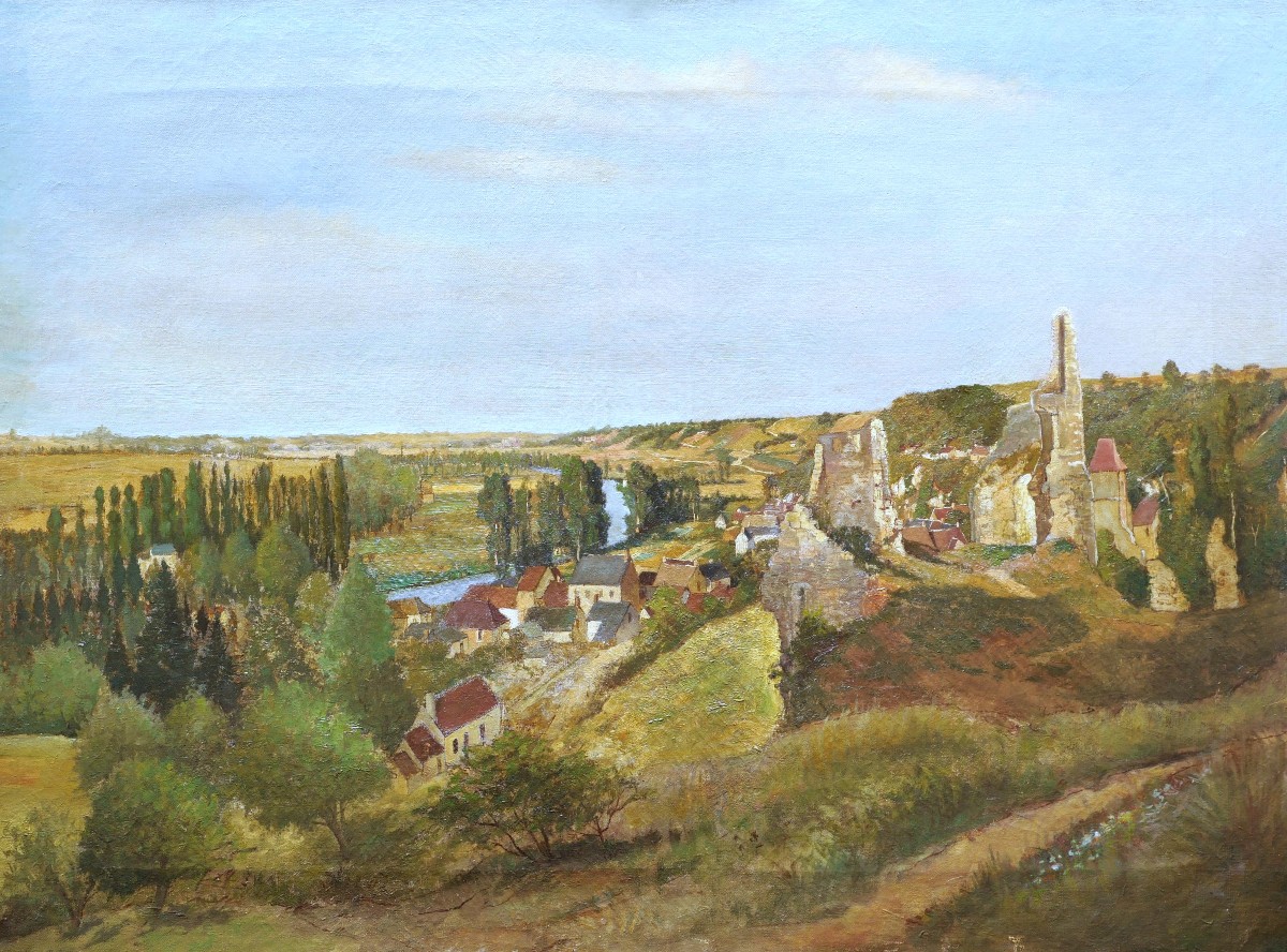 French School, Late 19th Century, Village And Ruins On The Hillsides Of A River
