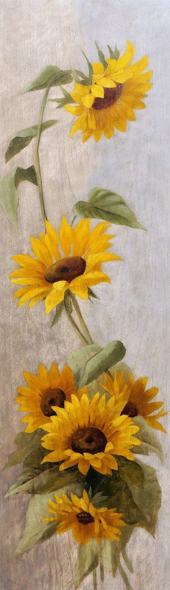 French School Circa 1900, Sunflowers, Irises And Hollyhocks-photo-4