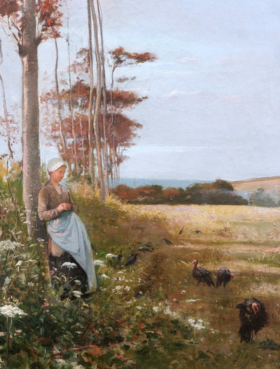 Paul Léon GAGNEAU, Jeune Bretonne gardant les dindons en bord de mer-photo-2