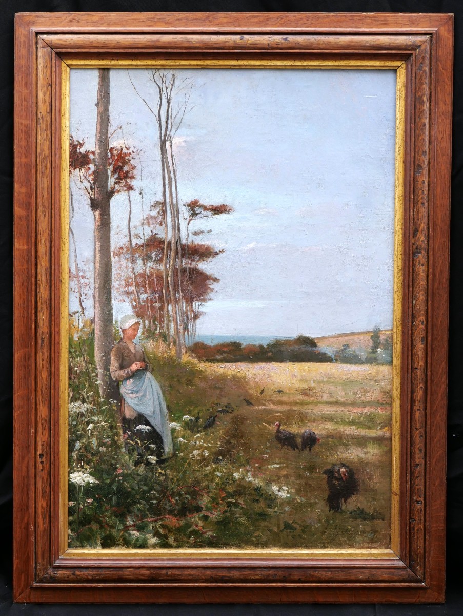 Paul Léon GAGNEAU, Jeune Bretonne gardant les dindons en bord de mer-photo-4