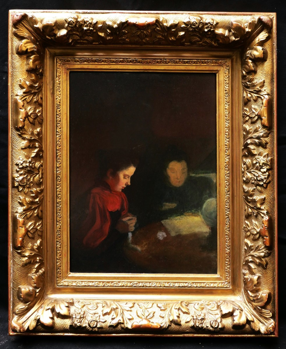 French School, Late 19th Century Two Women Reading And Sewing By Lamplight-photo-3