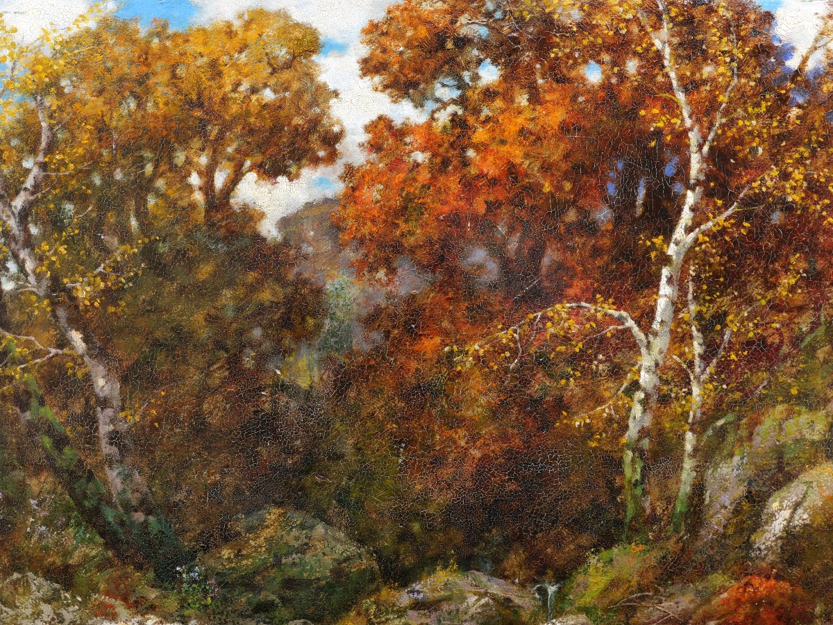 Eduard Paul RÜDISÜHLI, Paysage d'automne : rivière, rocher et sous-bois-photo-2