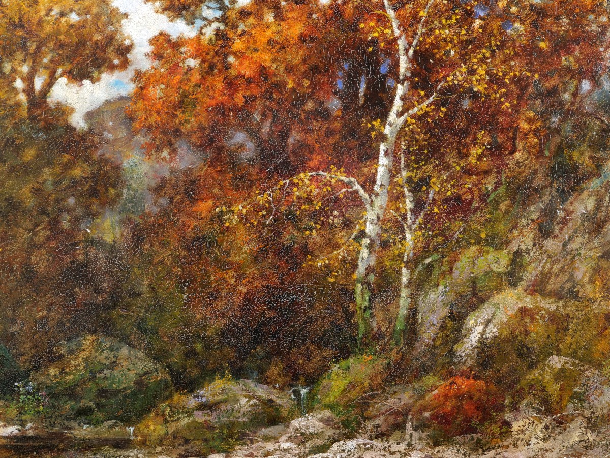 Eduard Paul RÜDISÜHLI, Paysage d'automne : rivière, rocher et sous-bois-photo-3