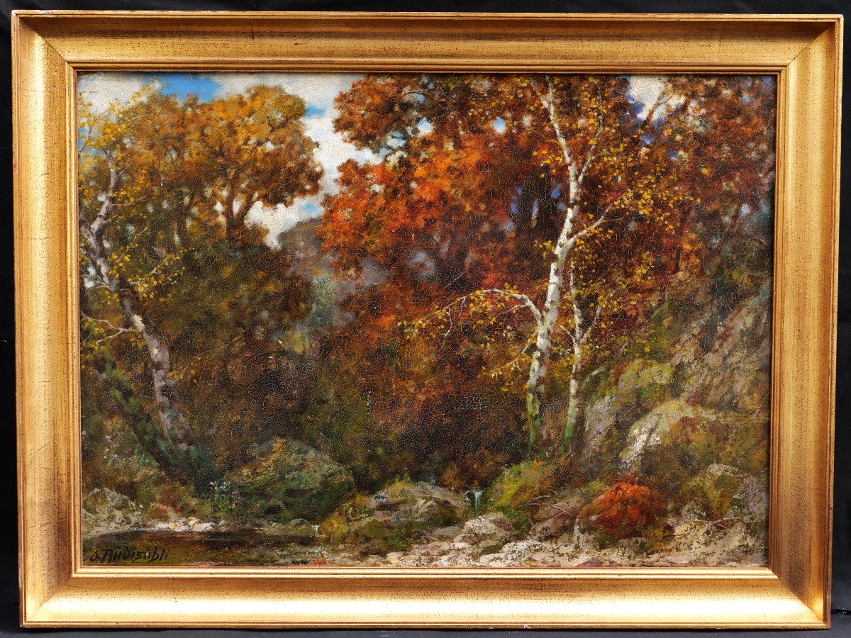 Eduard Paul RÜDISÜHLI, Paysage d'automne : rivière, rocher et sous-bois-photo-1