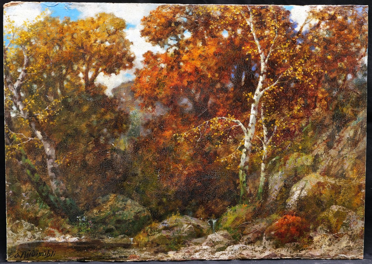 Eduard Paul RÜDISÜHLI, Paysage d'automne : rivière, rocher et sous-bois-photo-2