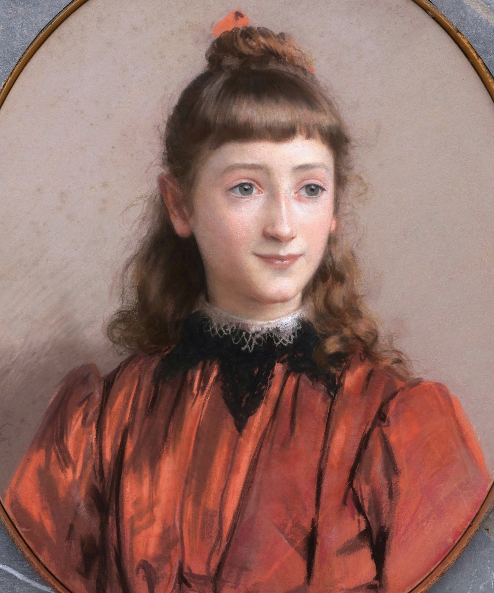 Jules Girardet, Portrait Of A Young Girl With Green Eyes, In A Red Dress-photo-2