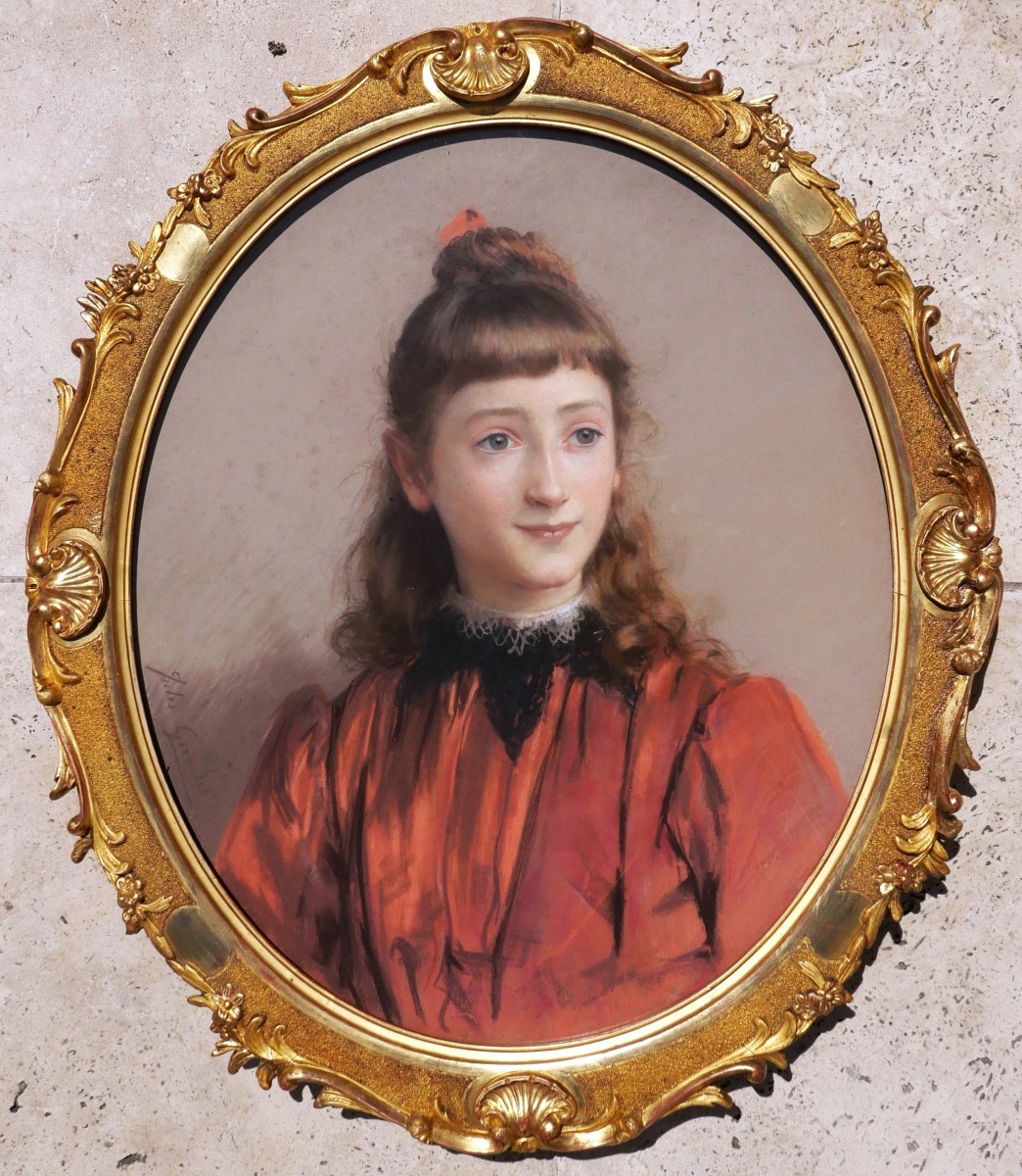 Jules Girardet, Portrait Of A Young Girl With Green Eyes, In A Red Dress