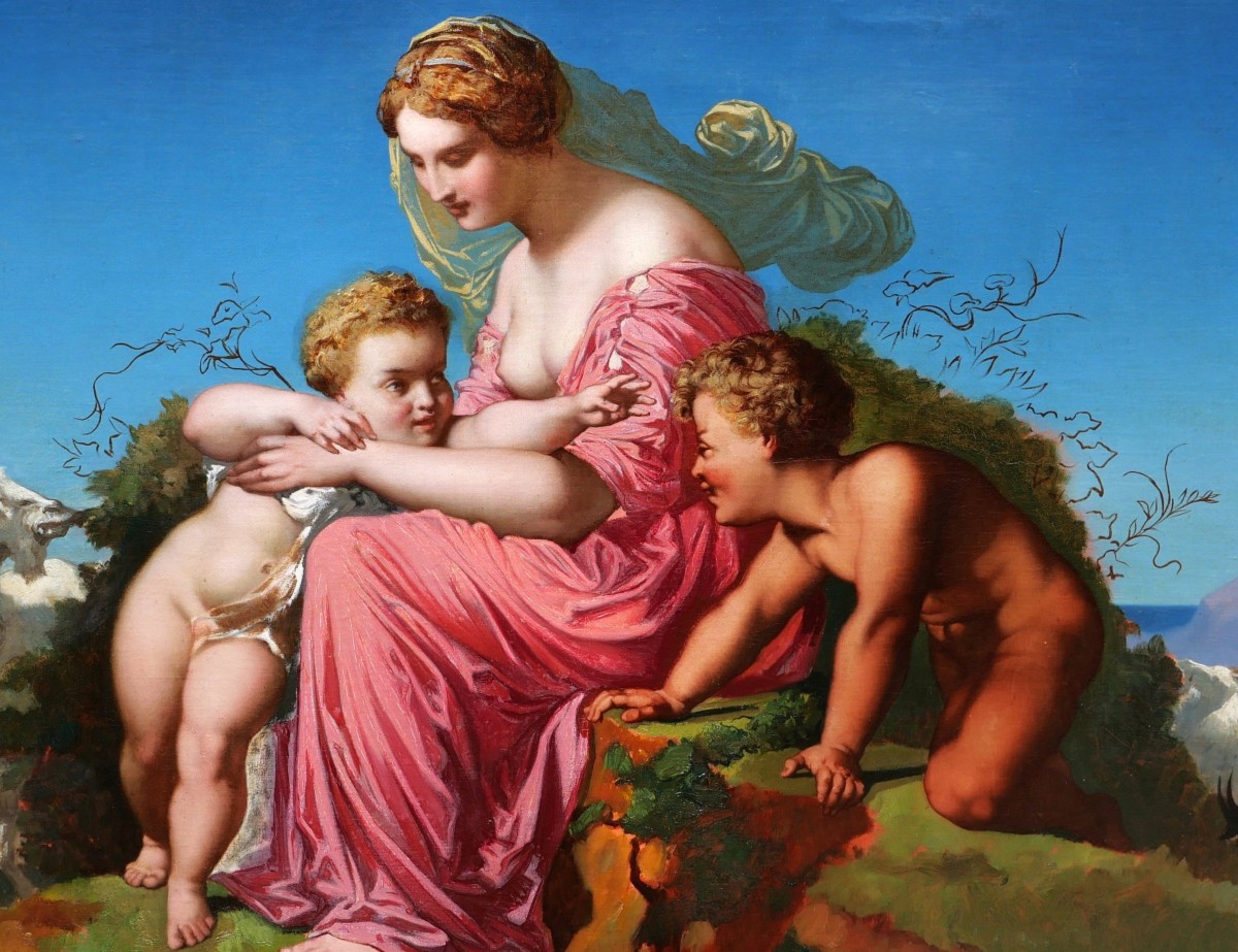 French School Circa 1860, Circle Of Henri Lehmann, Mother, Children And Goats (large Format)-photo-2