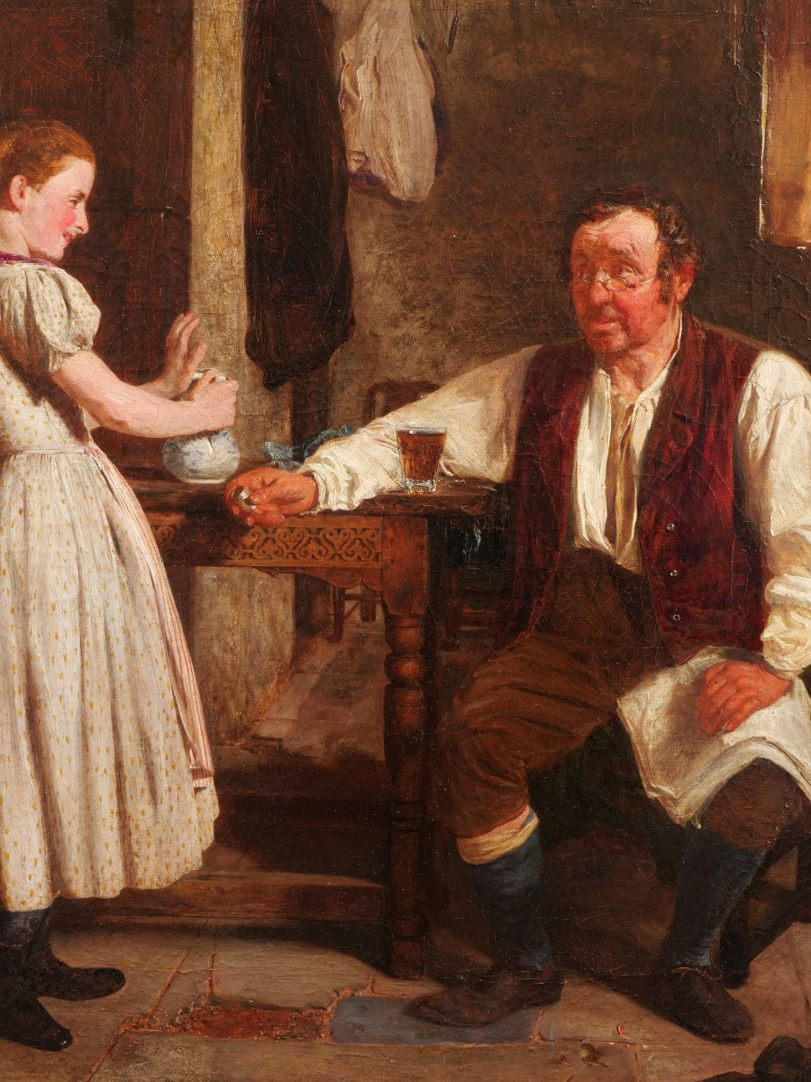 German School In 1871, Man Seated At A Table With A Glass Of Beer And Young Girl In An Interior-photo-2