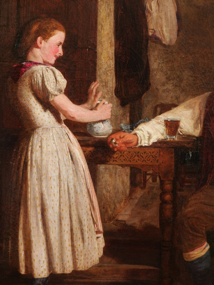 German School In 1871, Man Seated At A Table With A Glass Of Beer And Young Girl In An Interior-photo-3