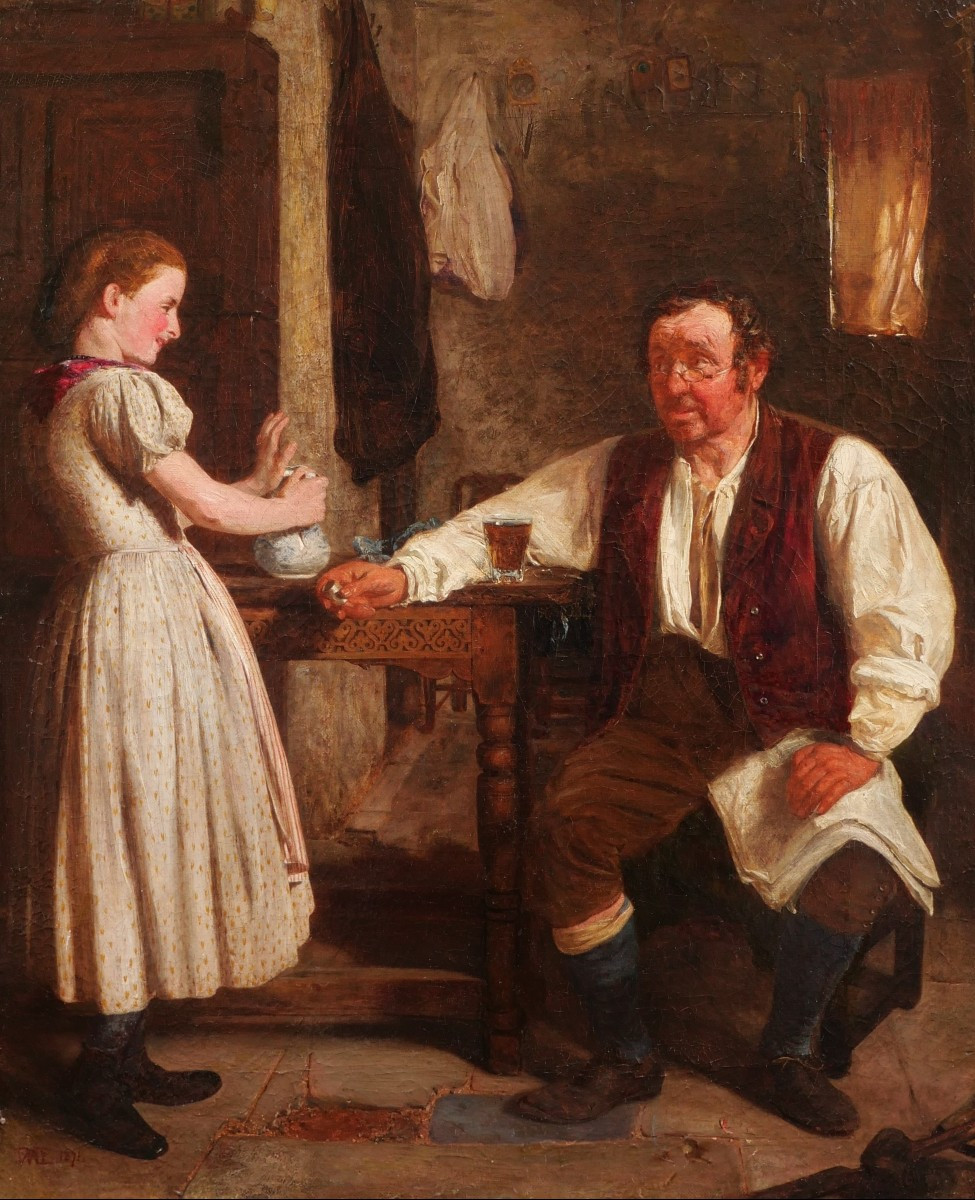 German School In 1871, Man Seated At A Table With A Glass Of Beer And Young Girl In An Interior