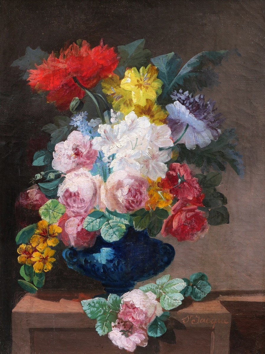 Thérèse SAINT-JACQUE, Paire de natures mortes aux vases fleuris-photo-4