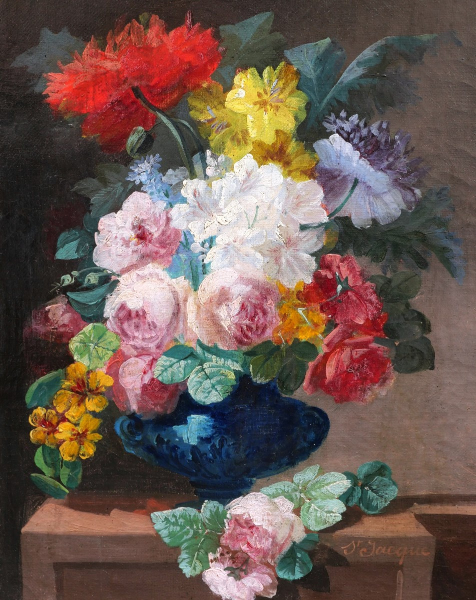 Thérèse SAINT-JACQUE, Paire de natures mortes aux vases fleuris-photo-1