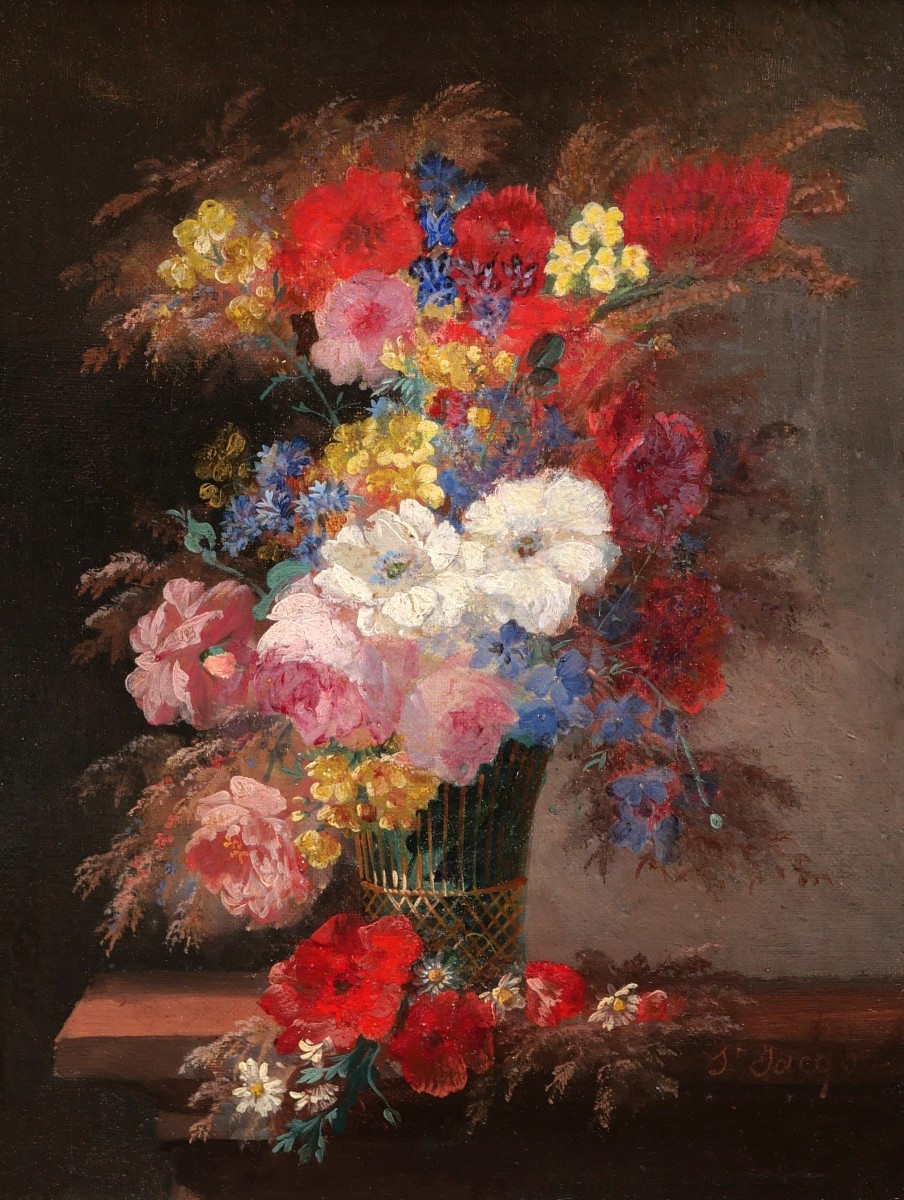 Thérèse SAINT-JACQUE, Paire de natures mortes aux vases fleuris-photo-3