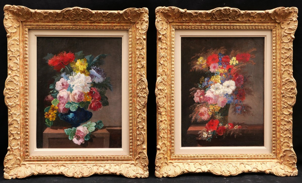 Thérèse SAINT-JACQUE, Paire de natures mortes aux vases fleuris