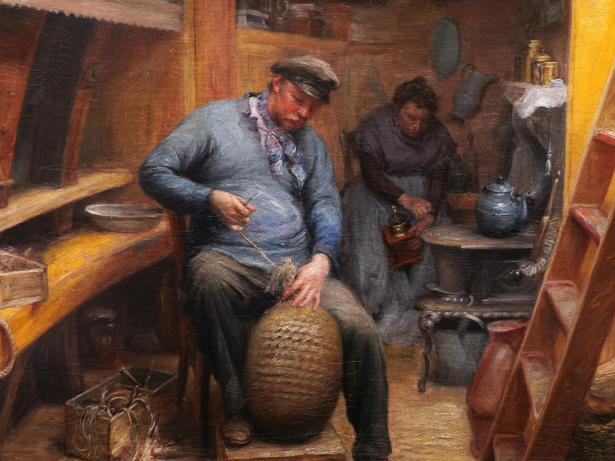 Constant Prosper Hoste, Couple Of Boatmen In A Barge: Making A Fender-photo-2