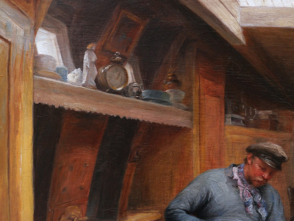 Constant Prosper Hoste, Couple Of Boatmen In A Barge: Making A Fender-photo-3