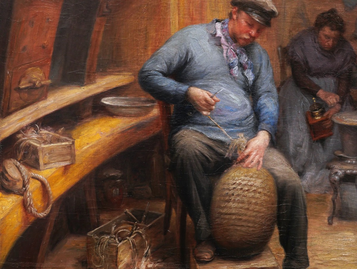Constant Prosper Hoste, Couple Of Boatmen In A Barge: Making A Fender-photo-4