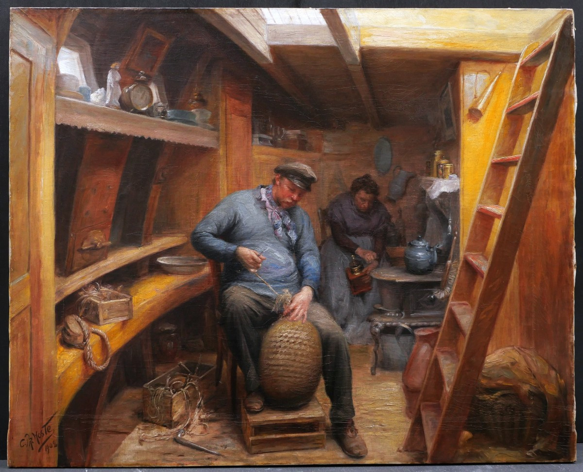 Constant Prosper Hoste, Couple Of Boatmen In A Barge: Making A Fender-photo-3