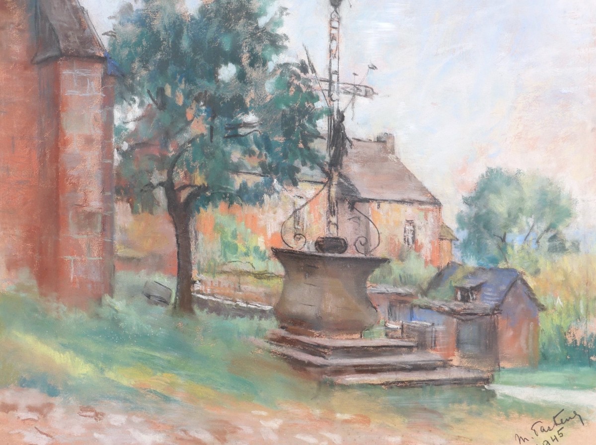 Marthe PASTEUR, Vue de village avec une croix en fer forgé