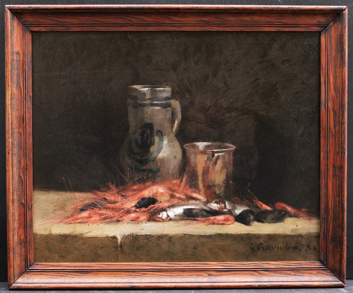 Léon-gustave Ravanne, Still Life With Shrimps, Sardines, Mussels And Cider-photo-4