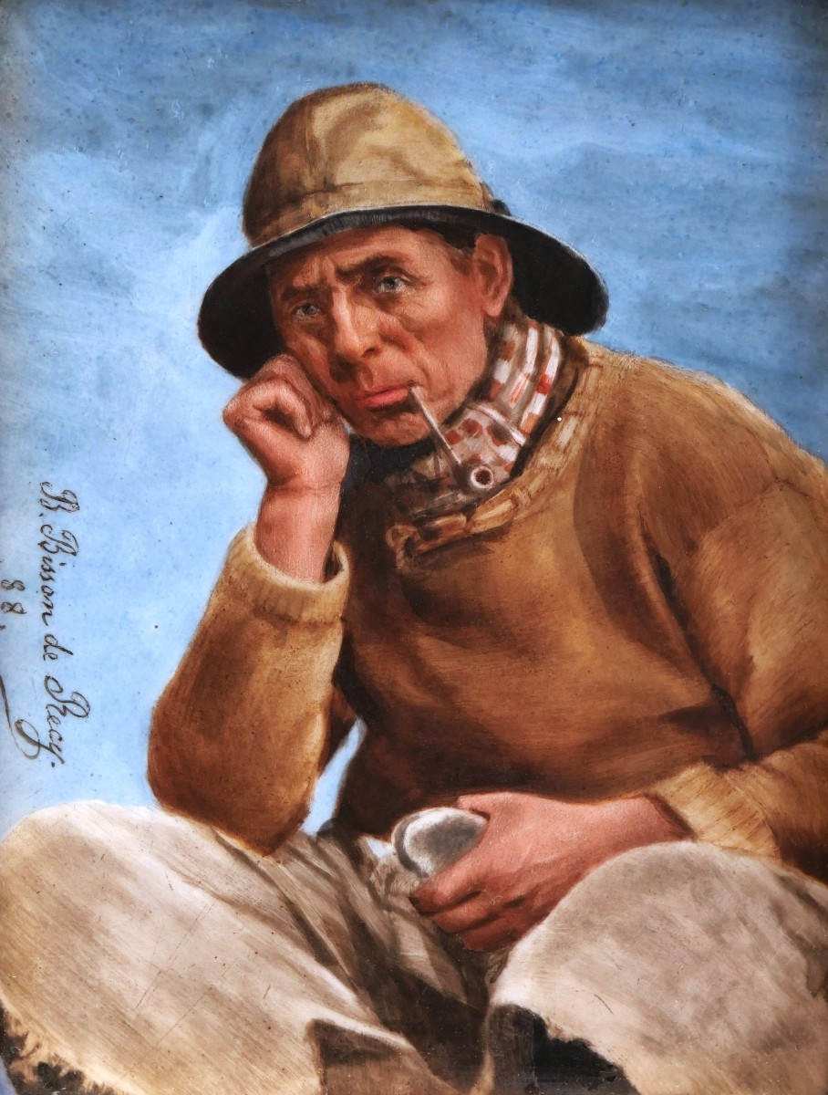 Blanche Bisson De Récy, Sailor Smoking His Pipe, Miniature On Porcelain