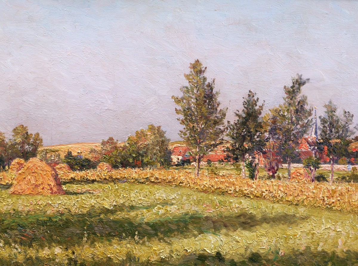 École FRANÇAISE circa 1880, Paysage de campagne avec un village et des meules de foin-photo-2