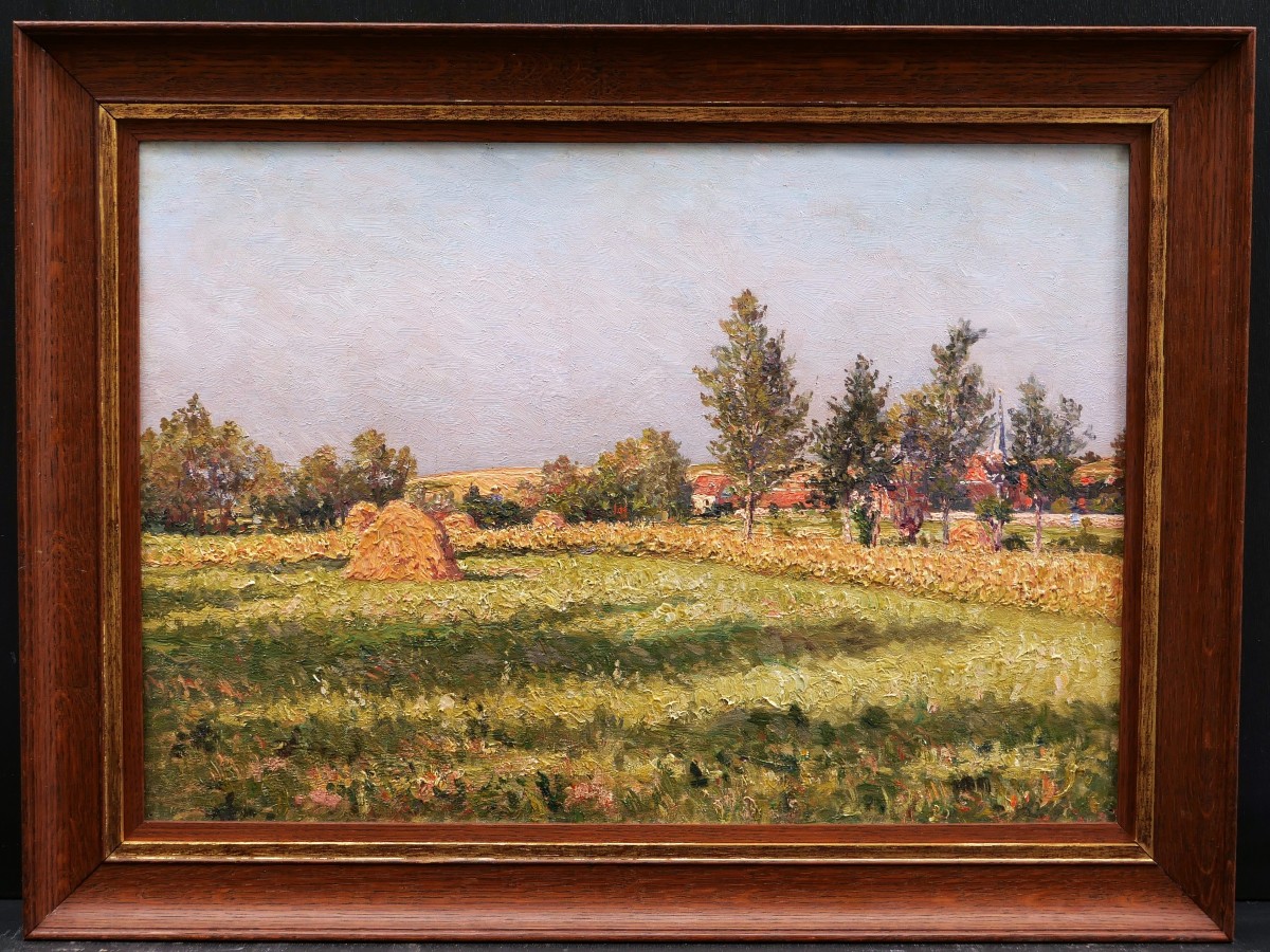 École FRANÇAISE circa 1880, Paysage de campagne avec un village et des meules de foin-photo-3