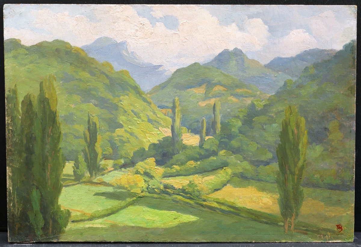 Attribué à Marcel BACH, Deux paysages : paysage montagneux et paysage de campagne (double face)-photo-1